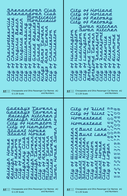 Chesapeake and Ohio Passenger Car Names Dark Blue #2 - Decal - Choose Scale