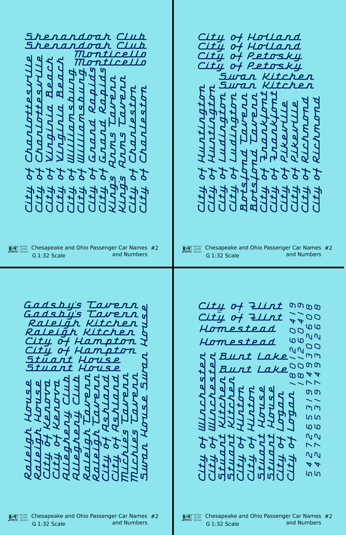 Chesapeake and Ohio Passenger Car Names Dark Blue #2 - Decal - Choose Scale