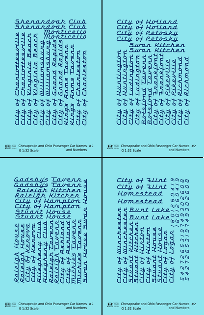 Chesapeake and Ohio Passenger Car Names Dark Blue #2 - Decal - Choose Scale