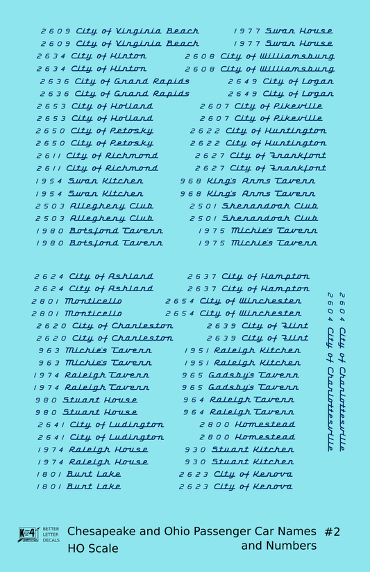Chesapeake and Ohio Passenger Car Names Dark Blue #2 - Decal Sheet