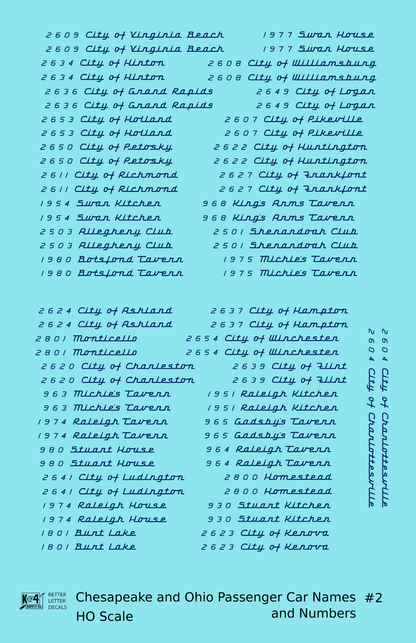 Chesapeake and Ohio Passenger Car Names Dark Blue #2 - Decal - Choose Scale