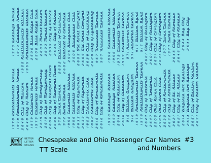 Chesapeake and Ohio Passenger Car Names Dark Blue #3 - Decal - Choose Scale