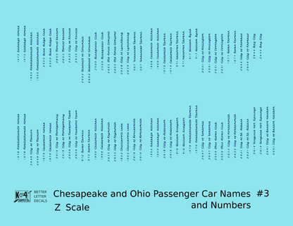 Chesapeake and Ohio Passenger Car Names Dark Blue #3 - Decal - Choose Scale