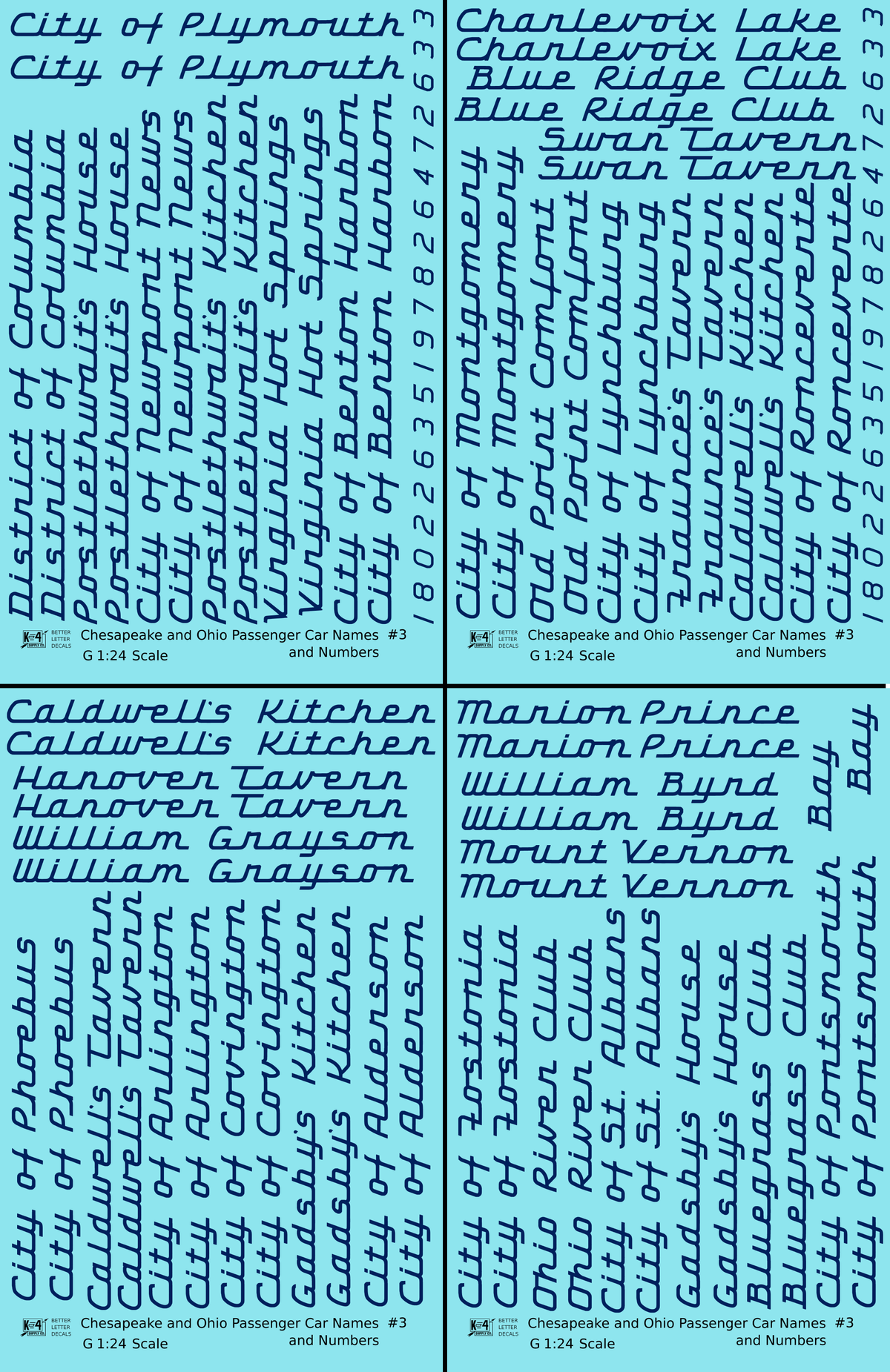 Chesapeake and Ohio Passenger Car Names Dark Blue #3 - Decal - Choose Scale