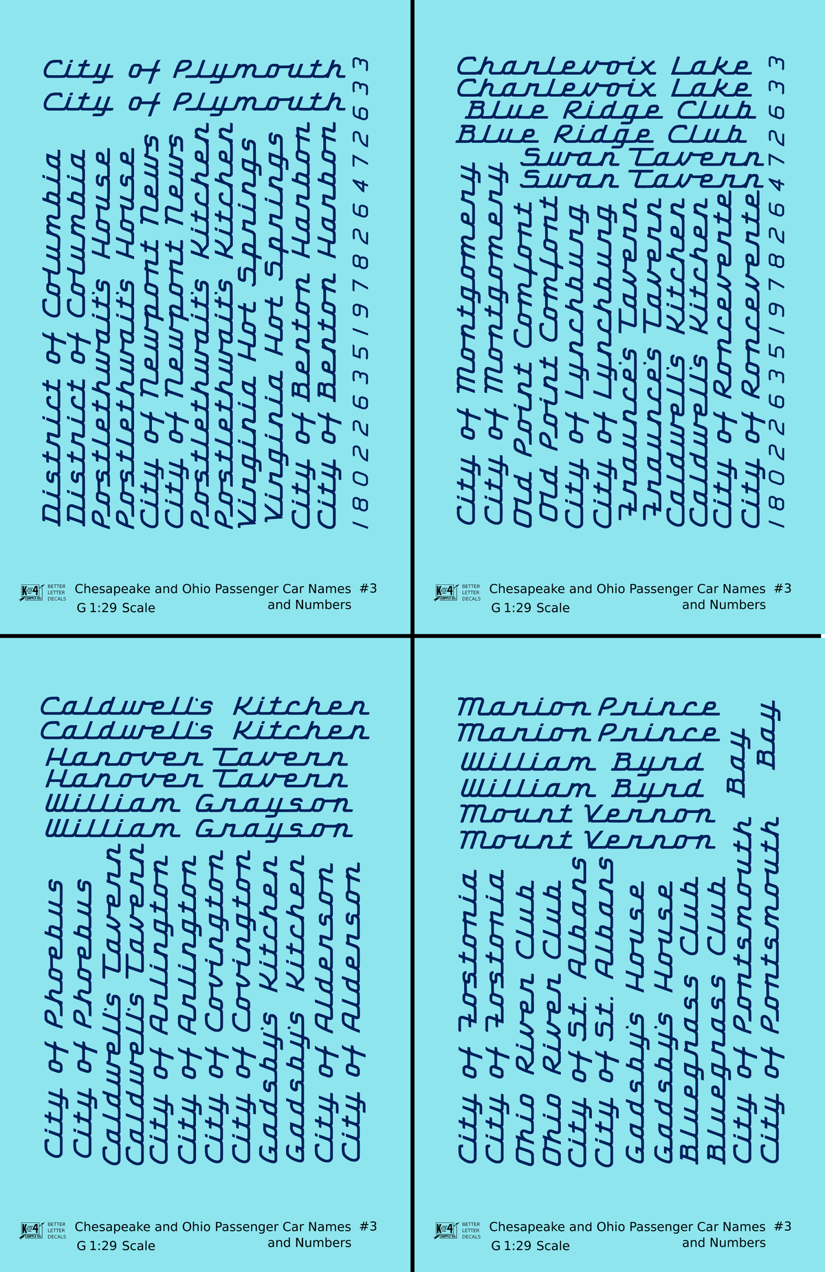 Chesapeake and Ohio Passenger Car Names Dark Blue #3 - Decal - Choose Scale