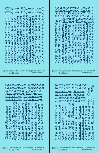 Chesapeake and Ohio Passenger Car Names Dark Blue #3 - Decal - Choose Scale