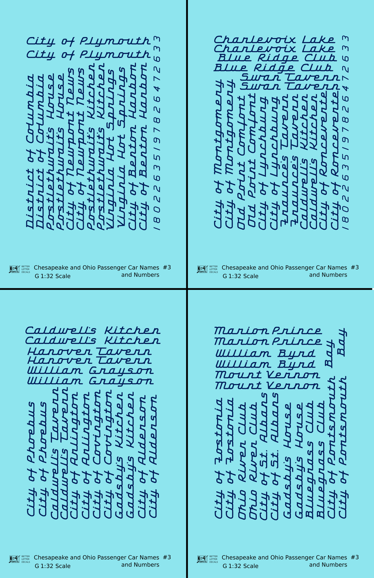 Chesapeake and Ohio Passenger Car Names Dark Blue #3 - Decal - Choose Scale