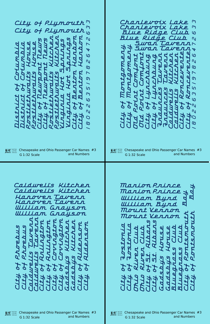 Chesapeake and Ohio Passenger Car Names Dark Blue #3 - Decal - Choose Scale