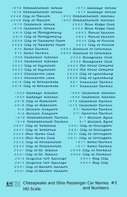 Chesapeake and Ohio Passenger Car Names Dark Blue #3 - Decal Sheet