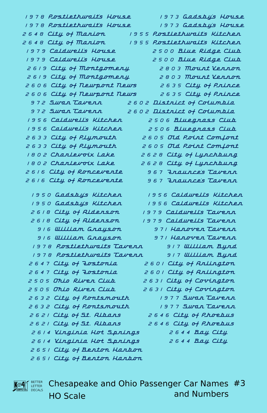 Chesapeake and Ohio Passenger Car Names Dark Blue #3 - Decal Sheet
