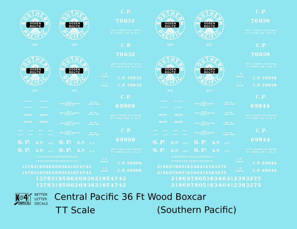 Central Pacific 36 Ft Wood Boxcar White Southern Pacific Ogden Route - Decal - Choose Scale