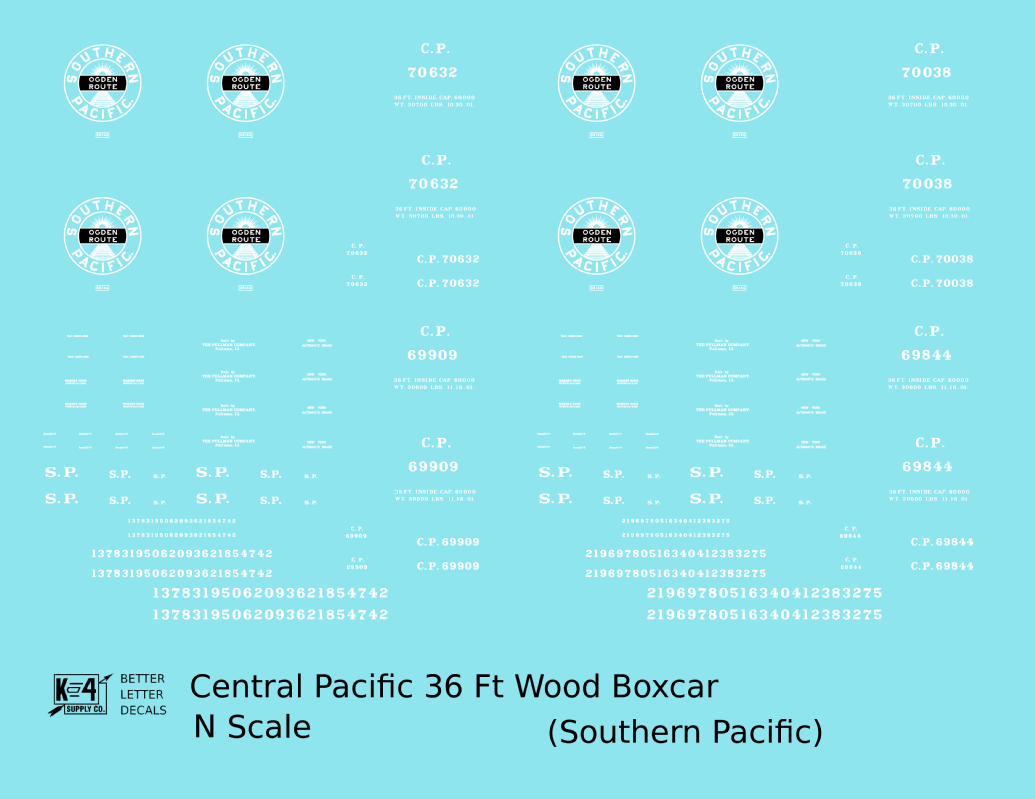 Central Pacific 36 Ft Wood Boxcar White Southern Pacific Ogden Route - Decal - Choose Scale