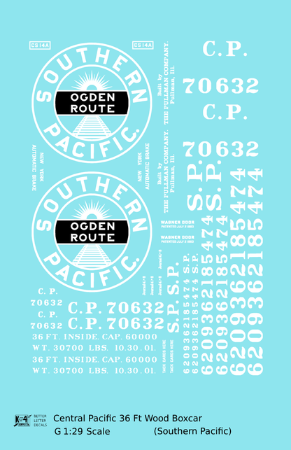 Central Pacific 36 Ft Wood Boxcar White Southern Pacific Ogden Route - Decal - Choose Scale