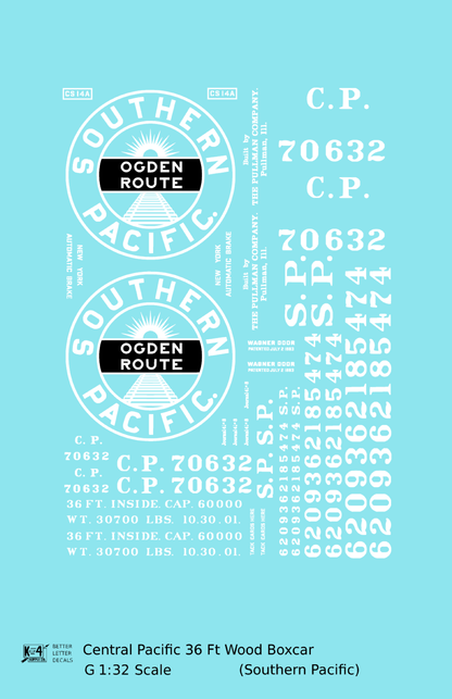 Central Pacific 36 Ft Wood Boxcar White Southern Pacific Ogden Route - Decal - Choose Scale