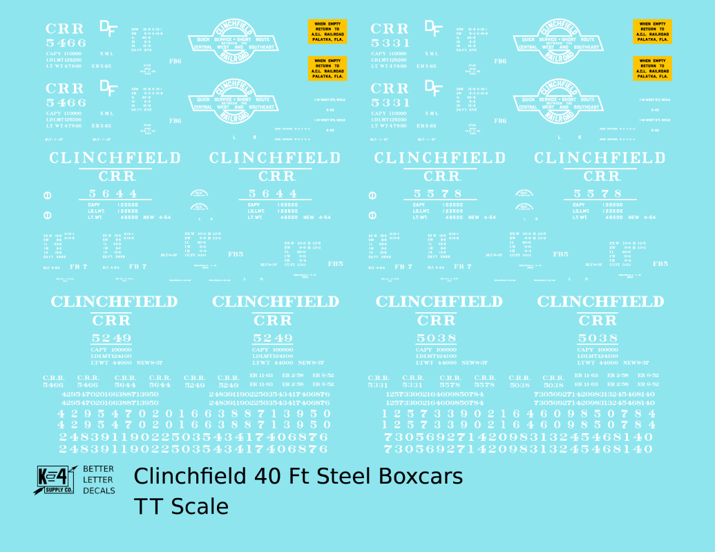 Clinchfield 40 Ft Steel Boxcar White  - Decal - Choose Scale