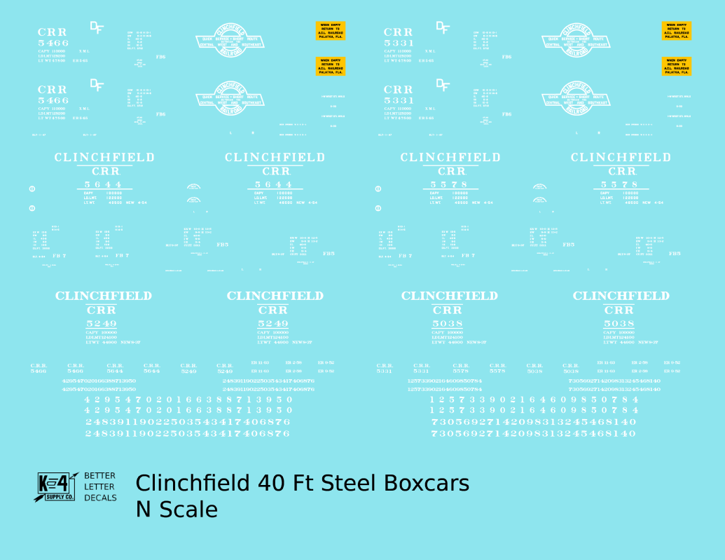 Clinchfield 40 Ft Steel Boxcar White  - Decal - Choose Scale