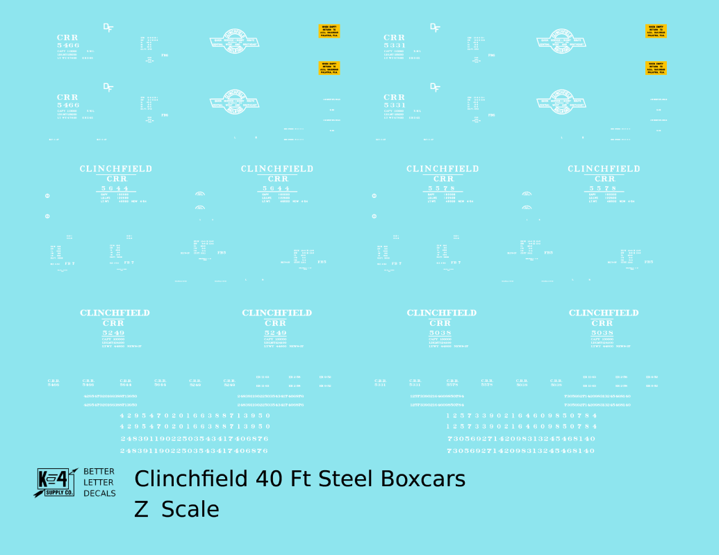 Clinchfield 40 Ft Steel Boxcar White  - Decal - Choose Scale
