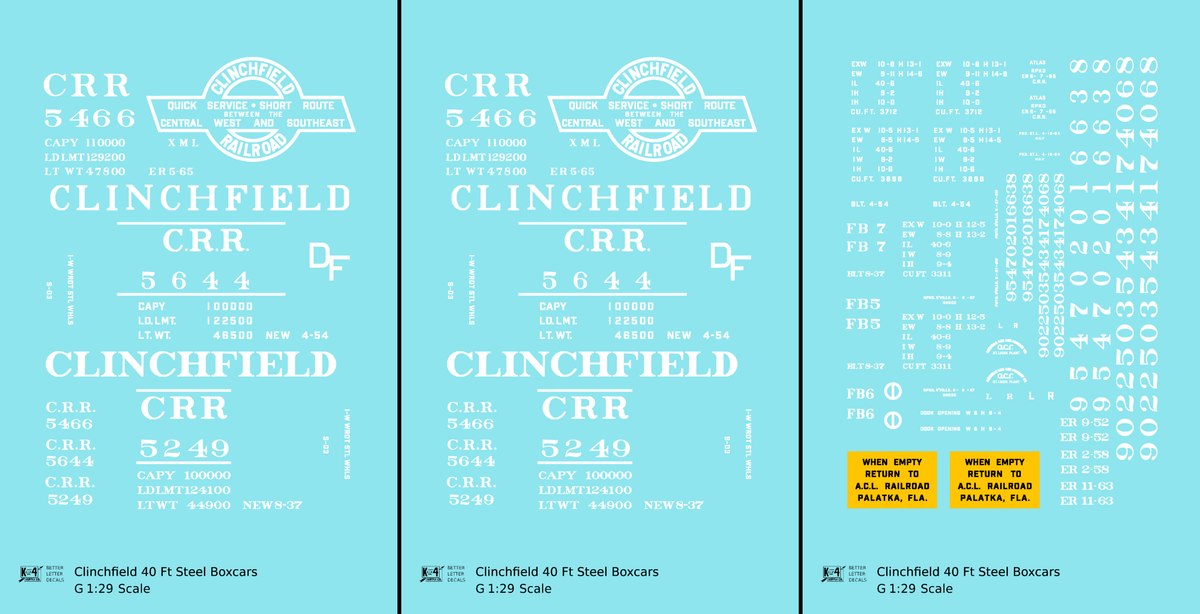 Clinchfield 40 Ft Steel Boxcar White  - Decal - Choose Scale