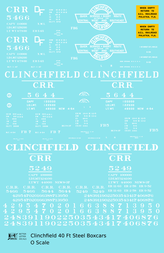 Clinchfield 40 Ft Steel Boxcar White  - Decal Sheet