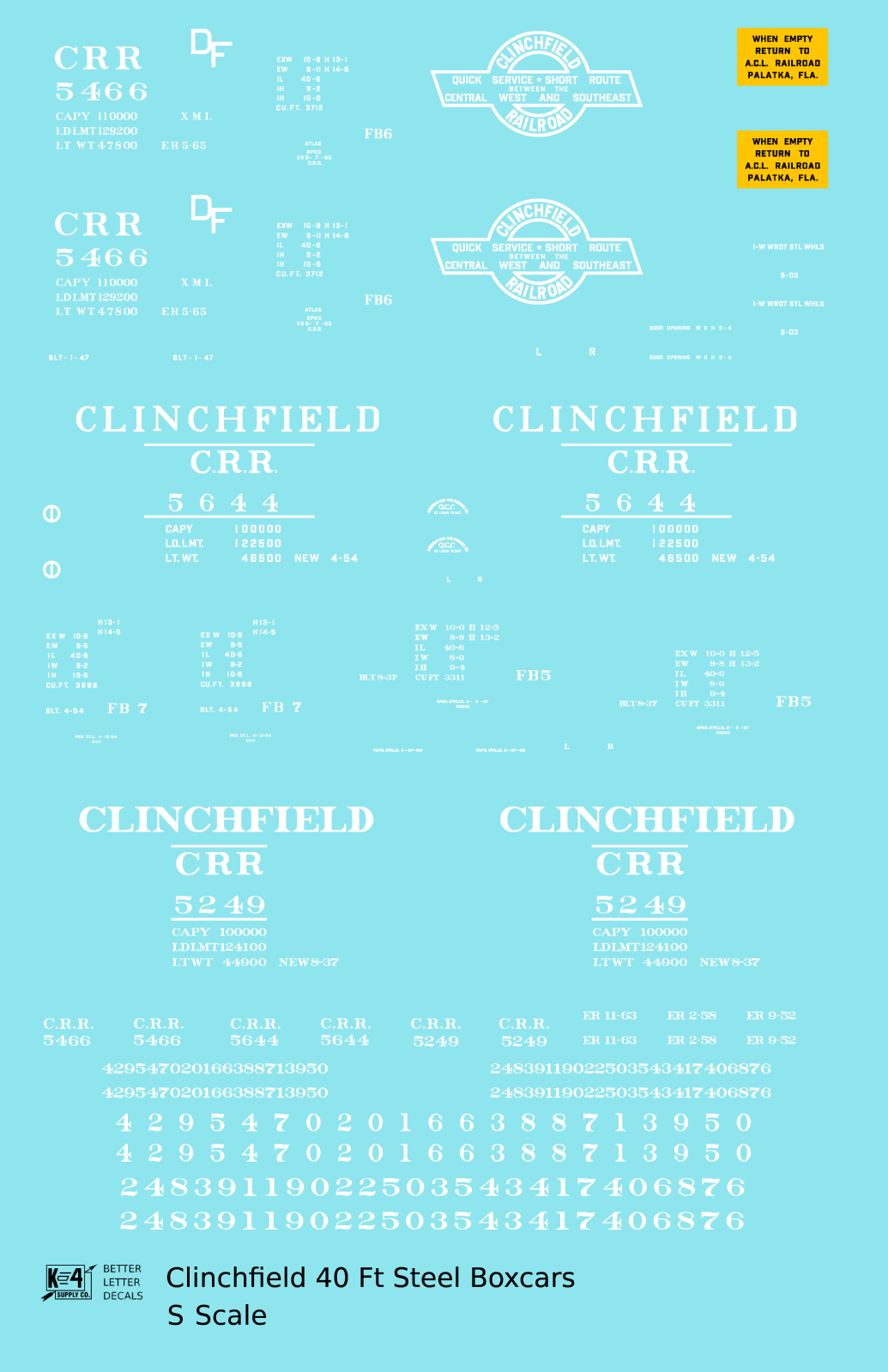 Clinchfield 40 Ft Steel Boxcar White  - Decal - Choose Scale