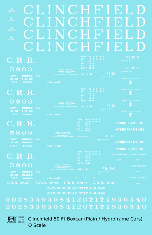 Clinchfield 50 Ft Steel Boxcar White  - Decal Sheet
