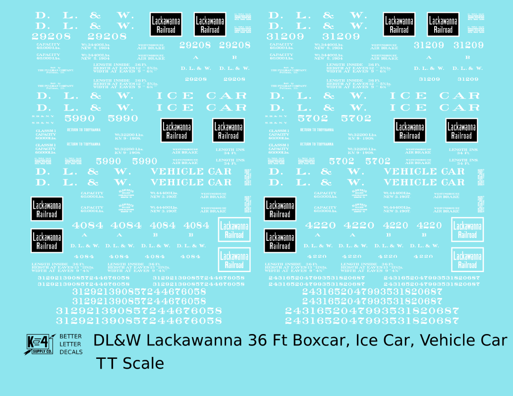 Delaware, Lackawanna and Western 36 Ft Wood Boxcar White Lackawanna Road - Decal - Choose Scale