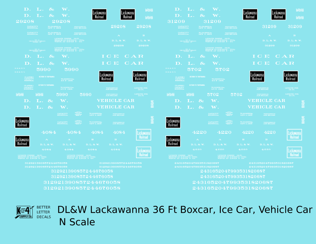 Delaware, Lackawanna and Western 36 Ft Wood Boxcar White Lackawanna Road - Decal - Choose Scale