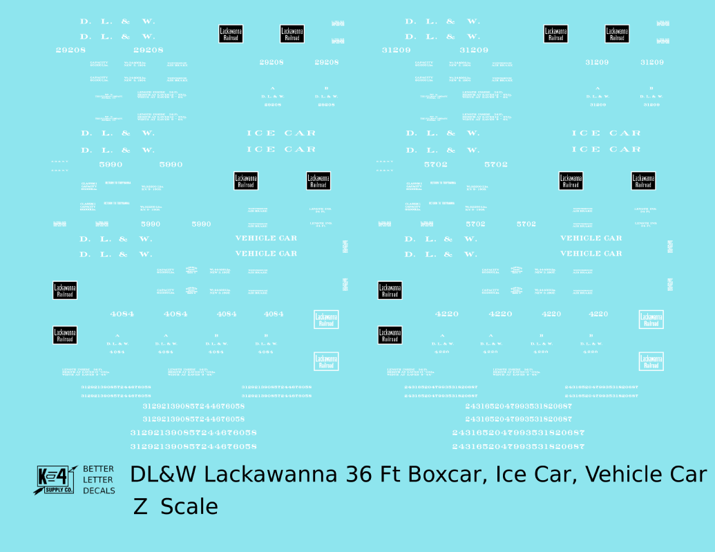 Delaware, Lackawanna and Western 36 Ft Wood Boxcar White Lackawanna Road - Decal - Choose Scale