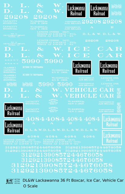 Delaware, Lackawanna and Western 36 Ft Wood Boxcar White Lackawanna Road - Decal Sheet