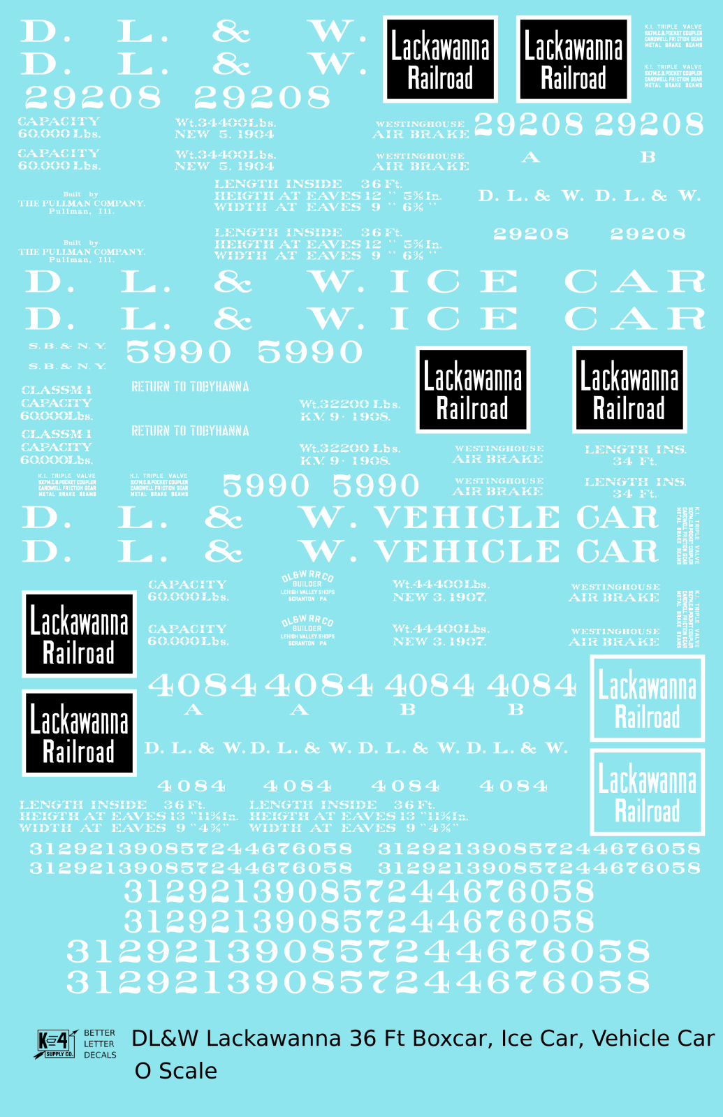 Delaware, Lackawanna and Western 36 Ft Wood Boxcar White Lackawanna Road - Decal - Choose Scale