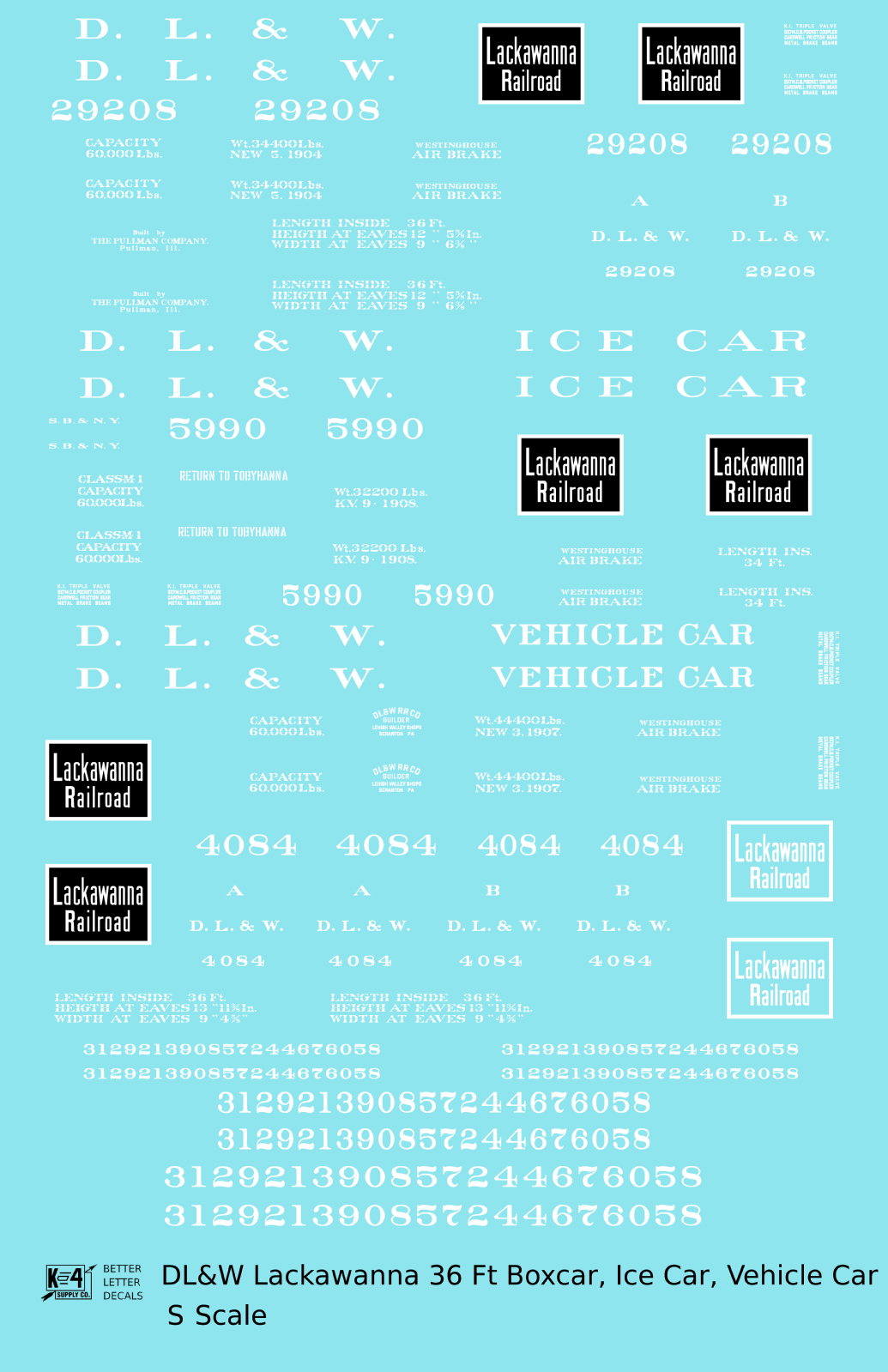 Delaware, Lackawanna and Western 36 Ft Wood Boxcar White Lackawanna Road - Decal - Choose Scale