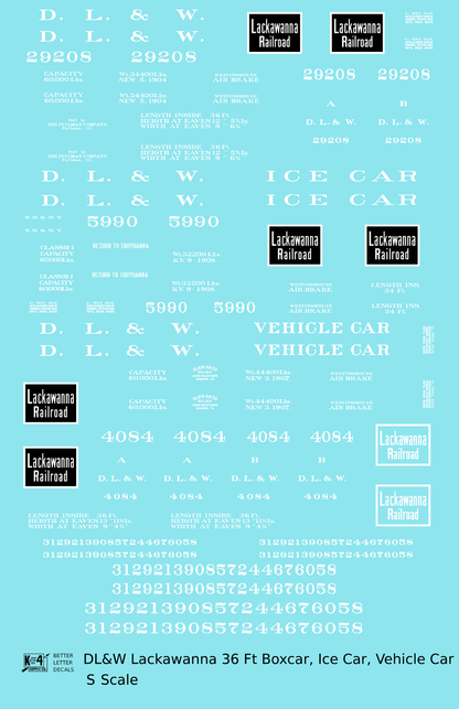 Delaware, Lackawanna and Western 36 Ft Wood Boxcar White Lackawanna Road - Decal - Choose Scale