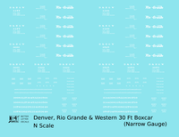 Rio Grande 30 Ft Narrow Gauge Boxcar White  - Decal - Choose Scale