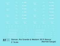 Rio Grande 30 Ft Narrow Gauge Boxcar White  - Decal - Choose Scale