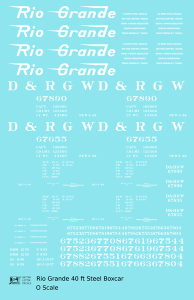 Rio Grande 40 Ft Steel Boxcar White  - Decal Sheet