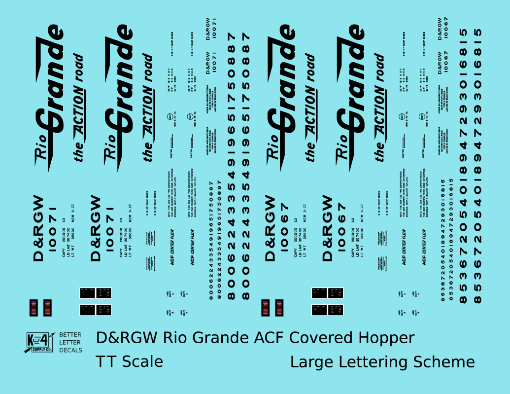 Rio Grande Two Bay ACF Covered Hopper Black Big Lettering - Decal - Choose Scale