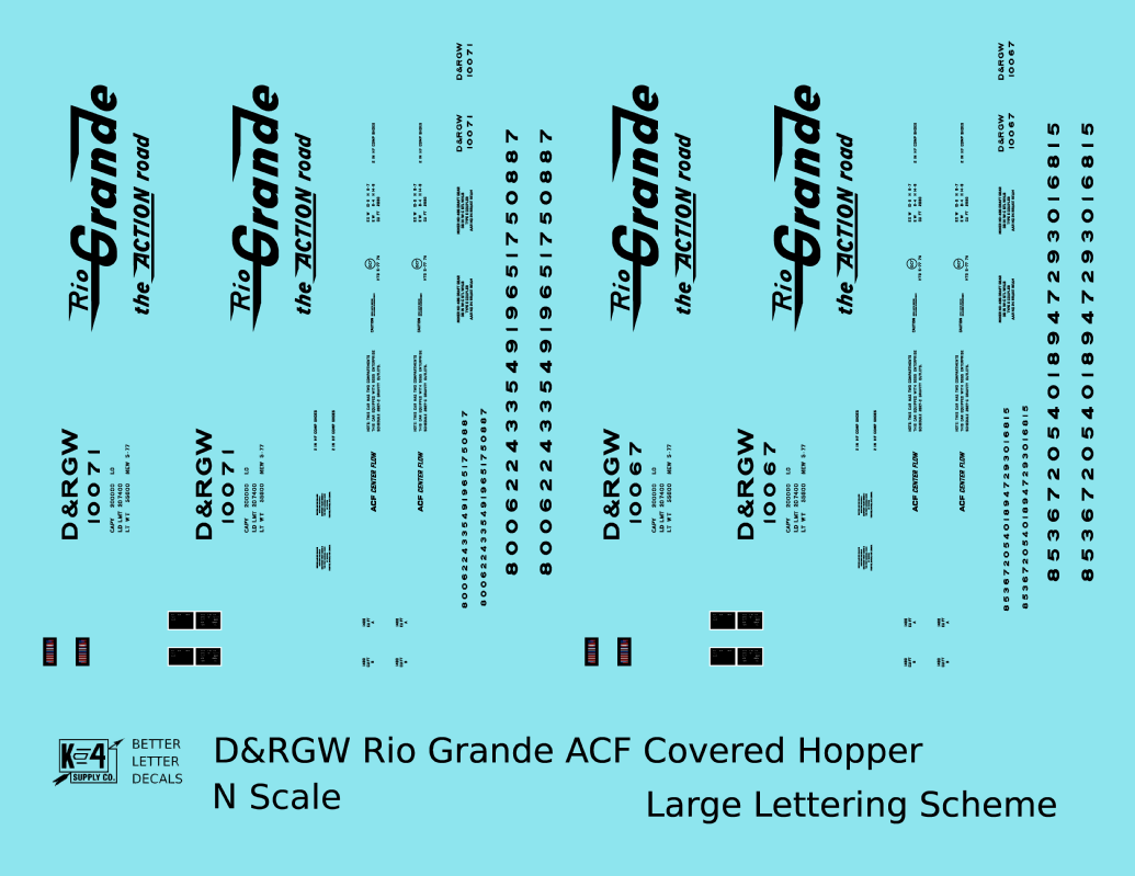 Rio Grande Two Bay ACF Covered Hopper Black Big Lettering - Decal - Choose Scale