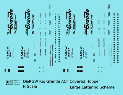 Rio Grande Two Bay ACF Covered Hopper Black Big Lettering - Decal - Choose Scale