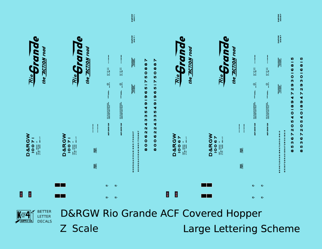 Rio Grande Two Bay ACF Covered Hopper Black Big Lettering - Decal - Choose Scale