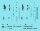 Rio Grande Two Bay ACF Covered Hopper Black Big Lettering - Decal - Choose Scale