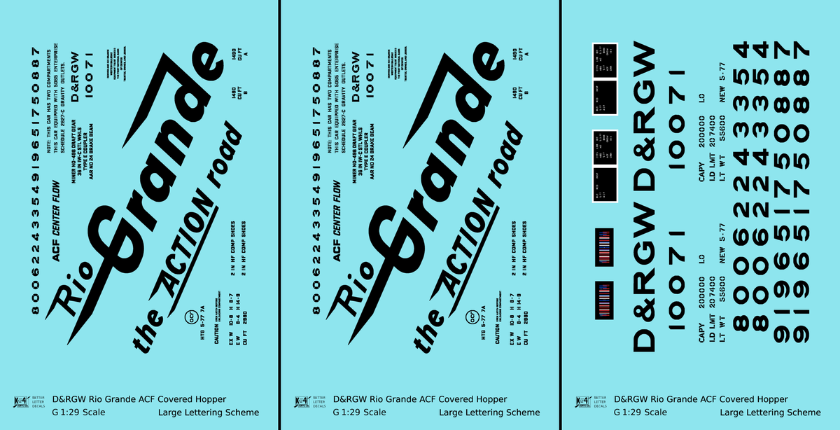 Rio Grande Two Bay ACF Covered Hopper Black Big Lettering - Decal - Choose Scale