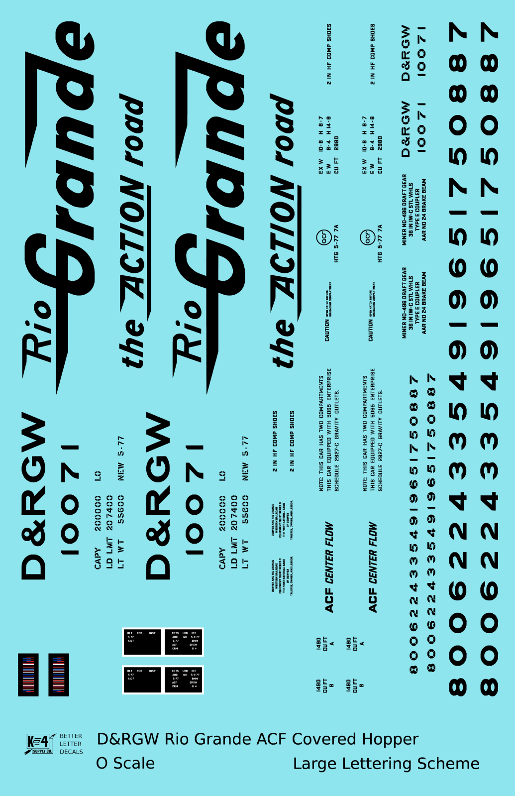 Rio Grande Two Bay ACF Covered Hopper Black Big Lettering - Decal Sheet