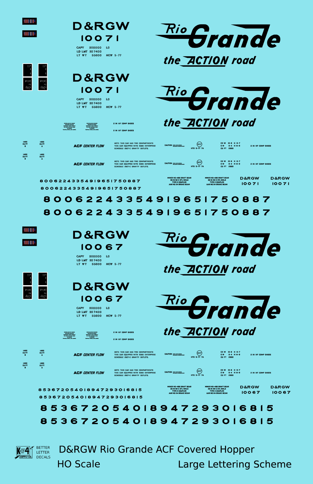 Rio Grande Two Bay ACF Covered Hopper Black Big Lettering - Decal - Choose Scale