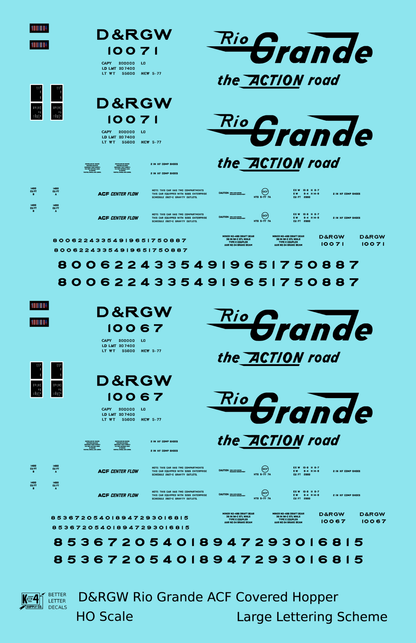 Rio Grande Two Bay ACF Covered Hopper Black Big Lettering - Decal - Choose Scale