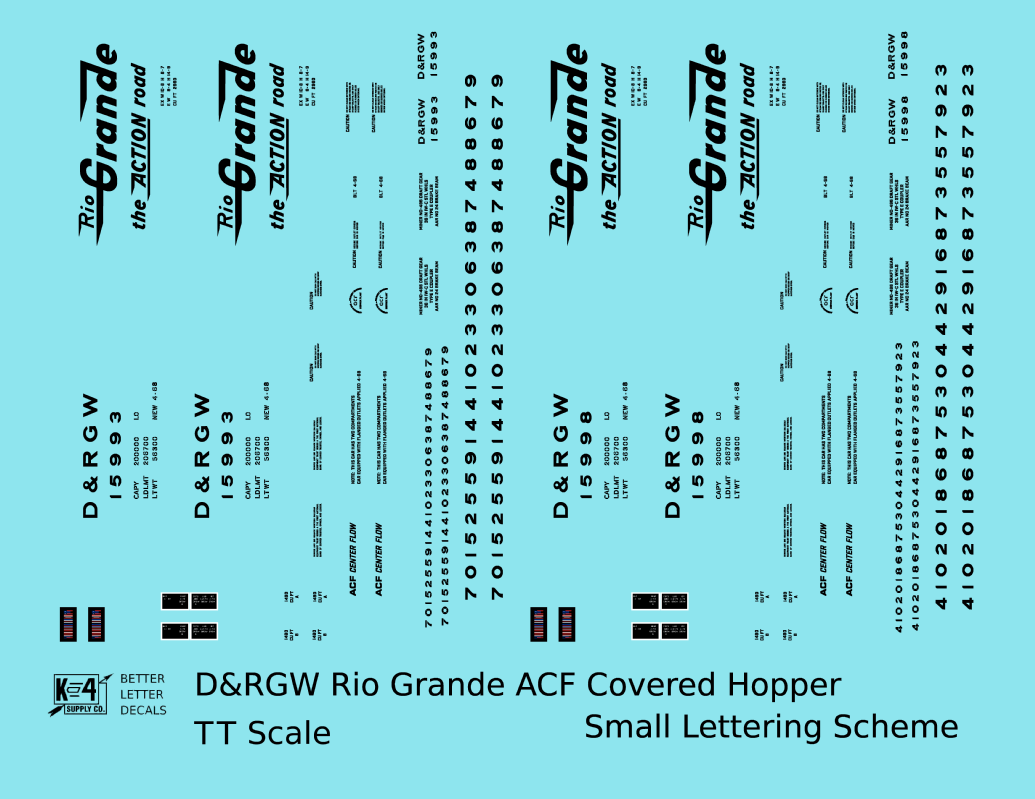 Rio Grande Two Bay ACF Covered Hopper Black Small Lettering - Decal - Choose Scale
