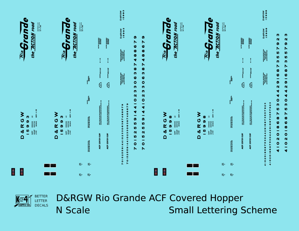 Rio Grande Two Bay ACF Covered Hopper Black Small Lettering - Decal - Choose Scale