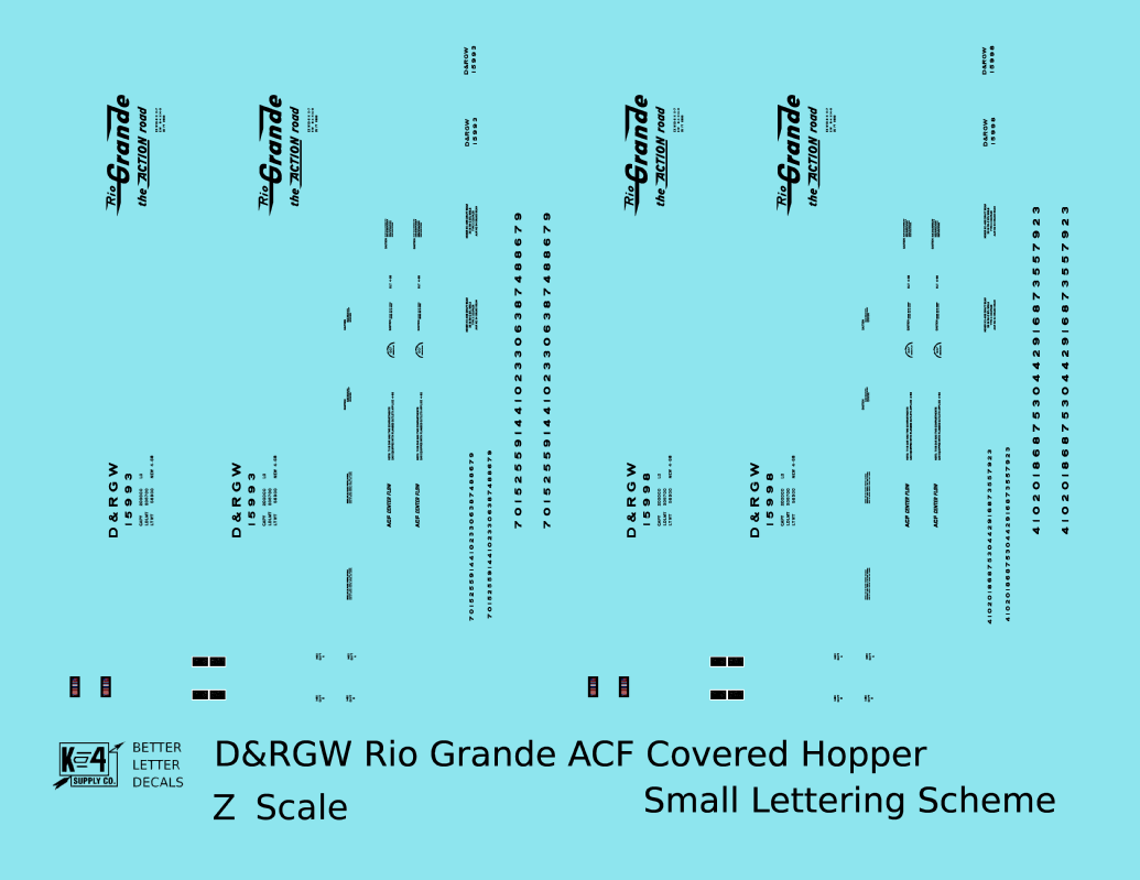 Rio Grande Two Bay ACF Covered Hopper Black Small Lettering - Decal - Choose Scale