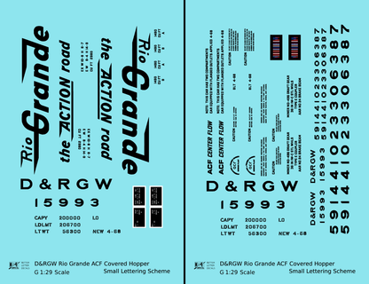 Rio Grande Two Bay ACF Covered Hopper Black Small Lettering - Decal - Choose Scale