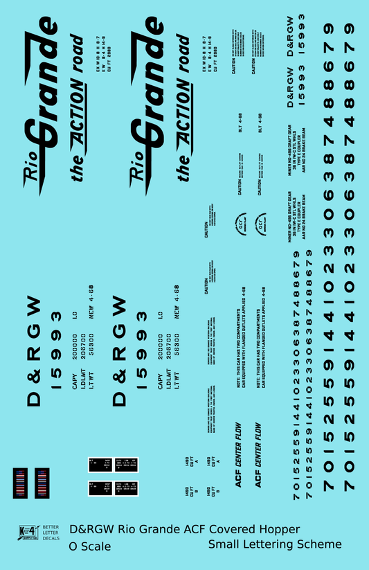 Rio Grande Two Bay ACF Covered Hopper Black Small Lettering - Decal Sheet