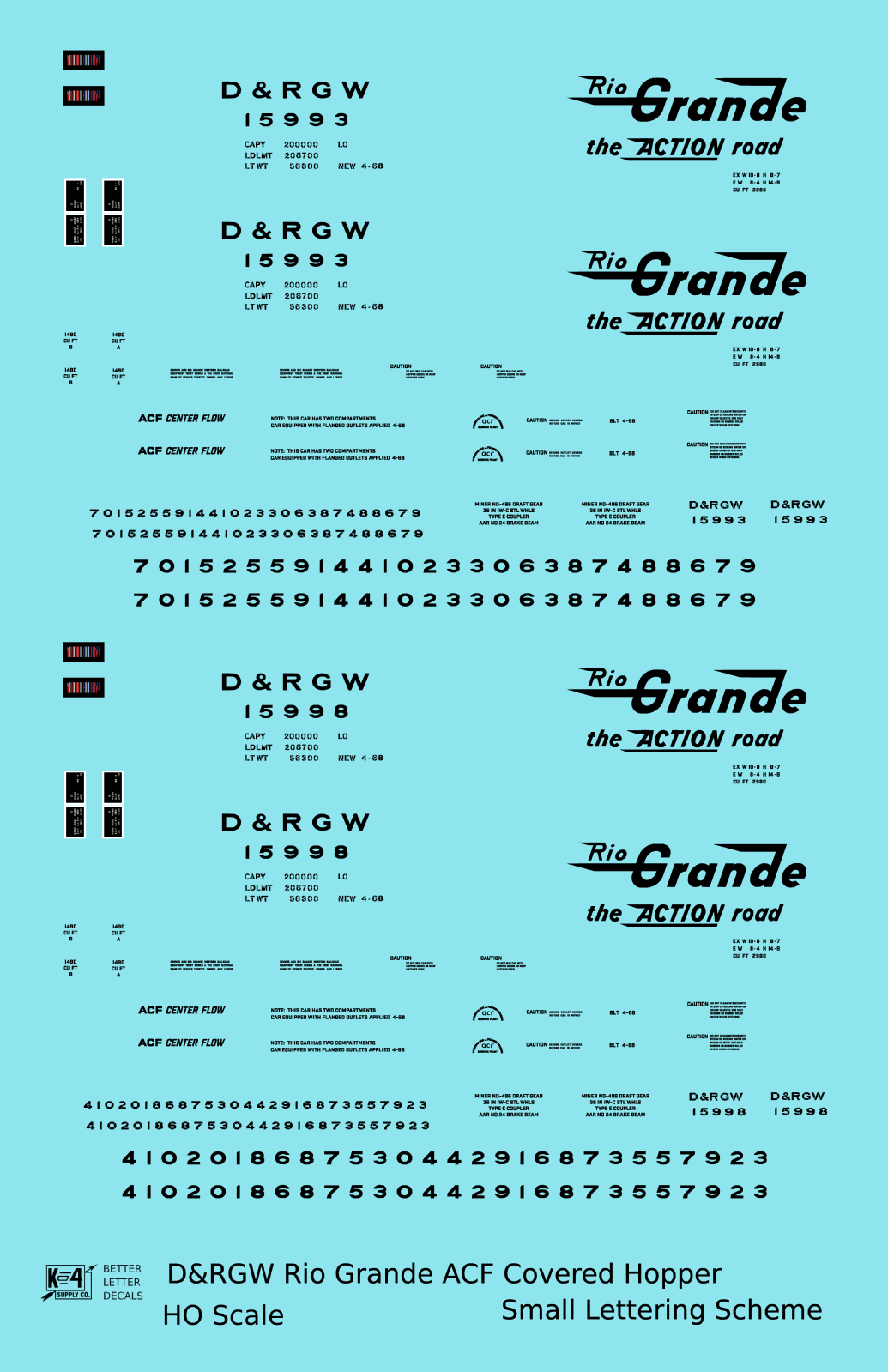Rio Grande Two Bay ACF Covered Hopper Black Small Lettering - Decal - Choose Scale